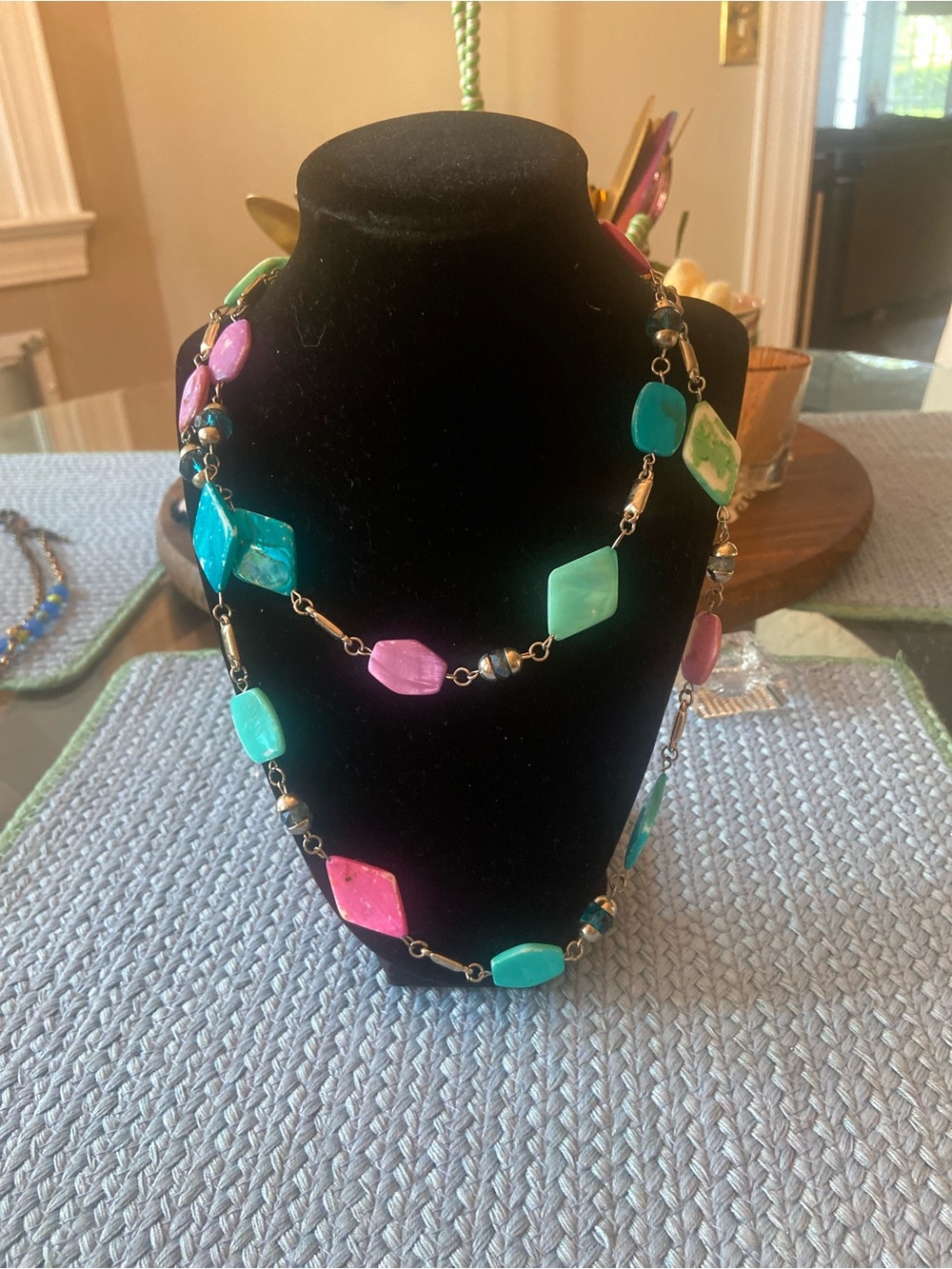 Colorful Gemstone Link Necklace - Pink & Teal
